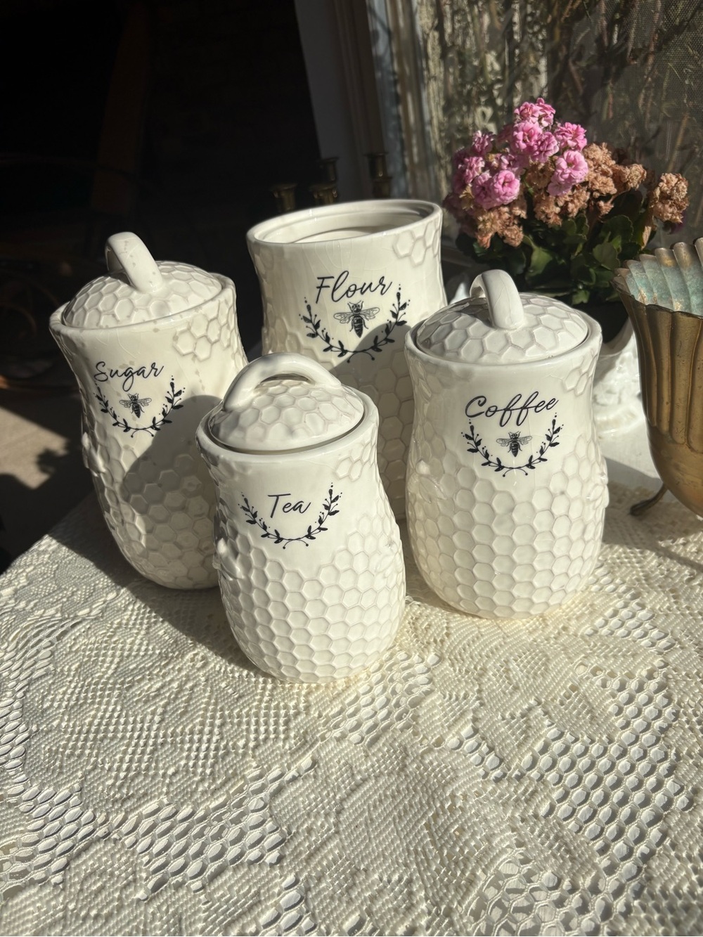 White Honeycomb Ceramic Canister Set - Tea, Coffee, Sugar, Flour